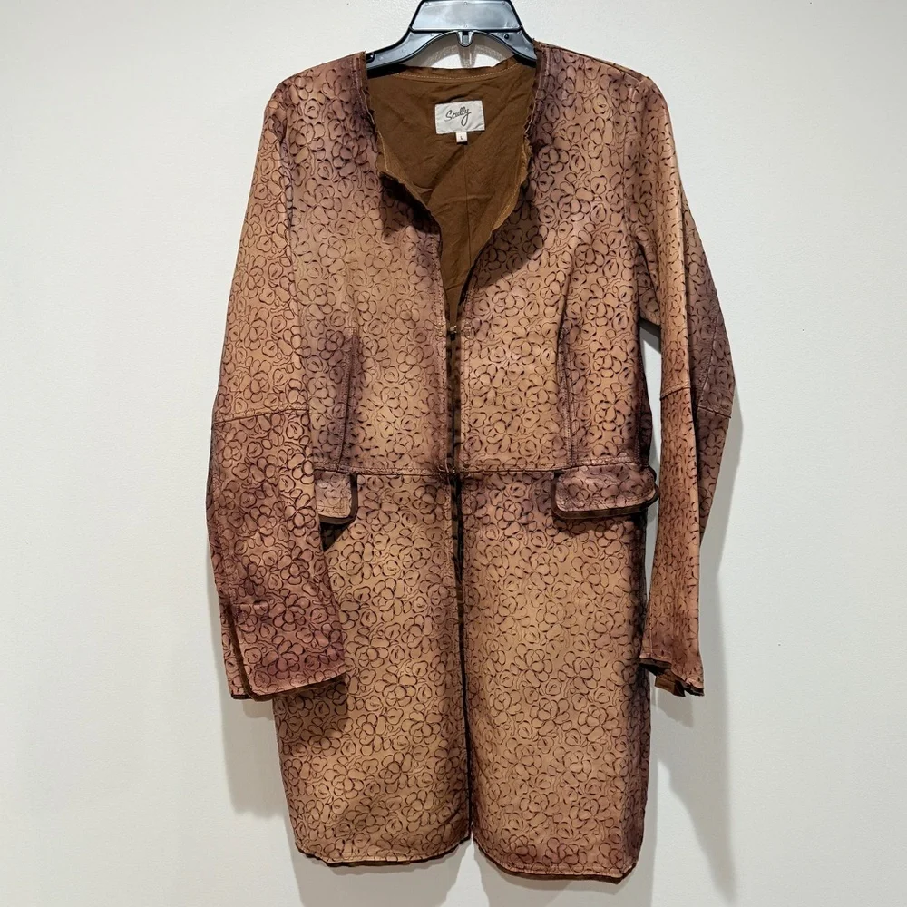 Scully Ladies Laser Cut Leather Coat Large L Tan Mid Length Fall Boho Luxury - Picture 2 of 11